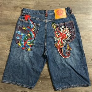 Ed Hardy Men's Blue Denim
Embroidered Shorts